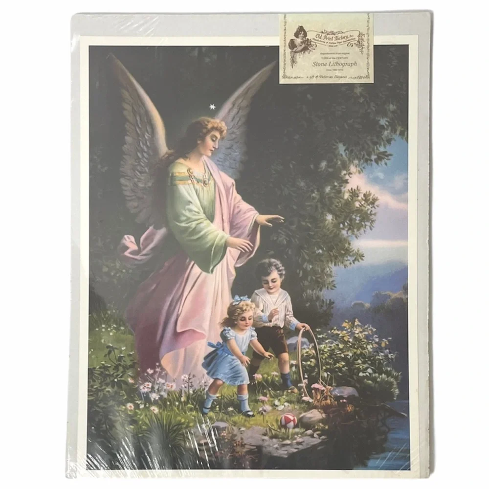 Vintage Picture Victorian Lithograph Guardian Angel Floral Old Print Factory
